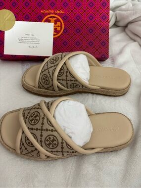 Tory Burch Beige Monogram Espadrille Slide Sandals
